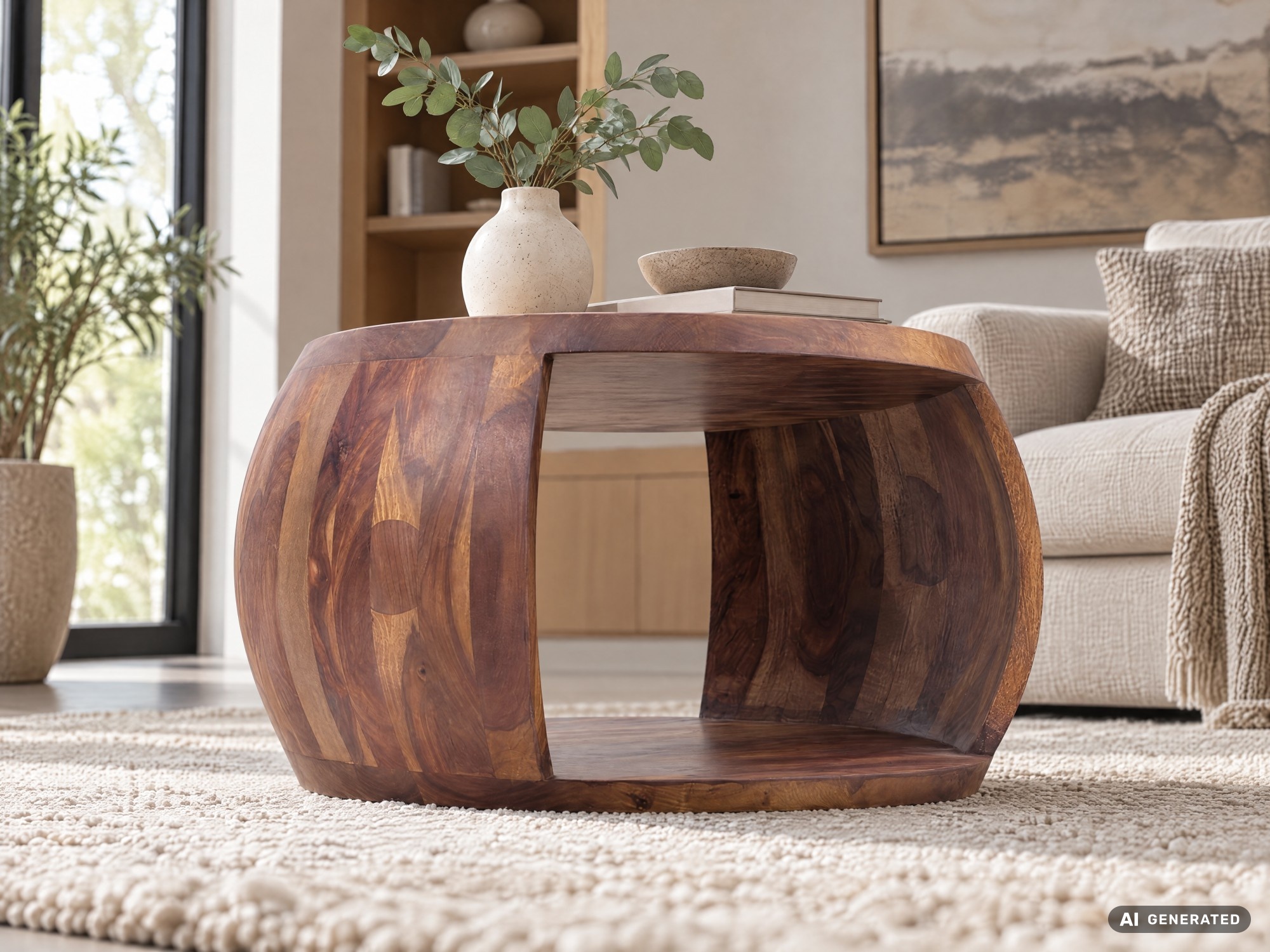 Couchtisch Sheesham Massivholz rund 60 cm Wohnzimmertisch Ablagefach Landhaus – Ansicht 7