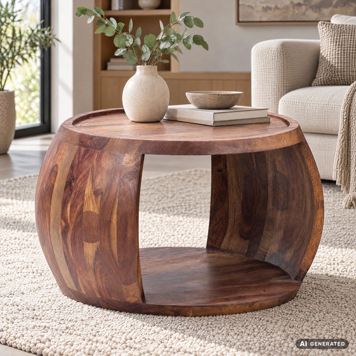 Couchtisch Sheesham Massivholz rund 60 cm Wohnzimmertisch Ablagefach Landhaus