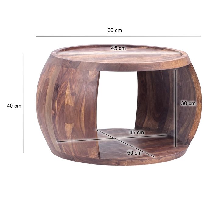 Couchtisch Sheesham Massivholz rund 60 cm Wohnzimmertisch Ablagefach Landhaus – Maßzeichnung