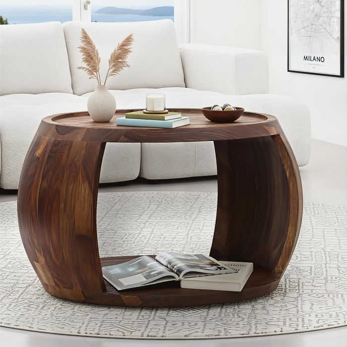 FineBuy Couchtisch Sheesham Massivholz rund 60cm  · Wohnzimmertisch mit Ablagefach · Handgefertigter Sofatisch aus Echtholz im natürlichen Landhaus Design