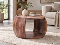 Couchtisch Sheesham Massivholz rund 60 cm Wohnzimmertisch Ablagefach Landhaus – Ansicht 2