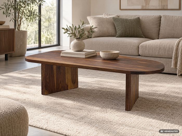 FineBuy Couchtisch Sheesham Massivholz oval 120cm · Handgefertigter Wohnzimmertisch im modernen Design mit abgerundeter Form · Flacher Sofatisch aus Echtholz