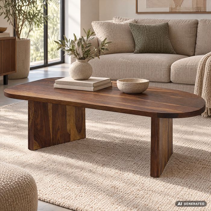 FineBuy Couchtisch Sheesham Massivholz oval 120cm · Handgefertigter Wohnzimmertisch im modernen Design mit abgerundeter Form · Flacher Sofatisch aus Echtholz