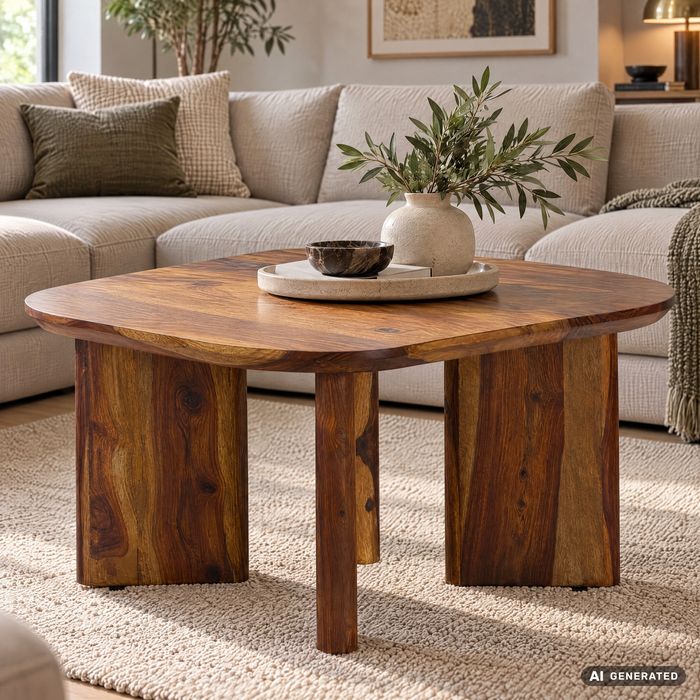FineBuy Couchtisch Sheesham Massivholz 60cm quadratisch – Handgefertigter Wohnzimmertisch aus Echtholz mit abgerundeten Kanten im modernen Design