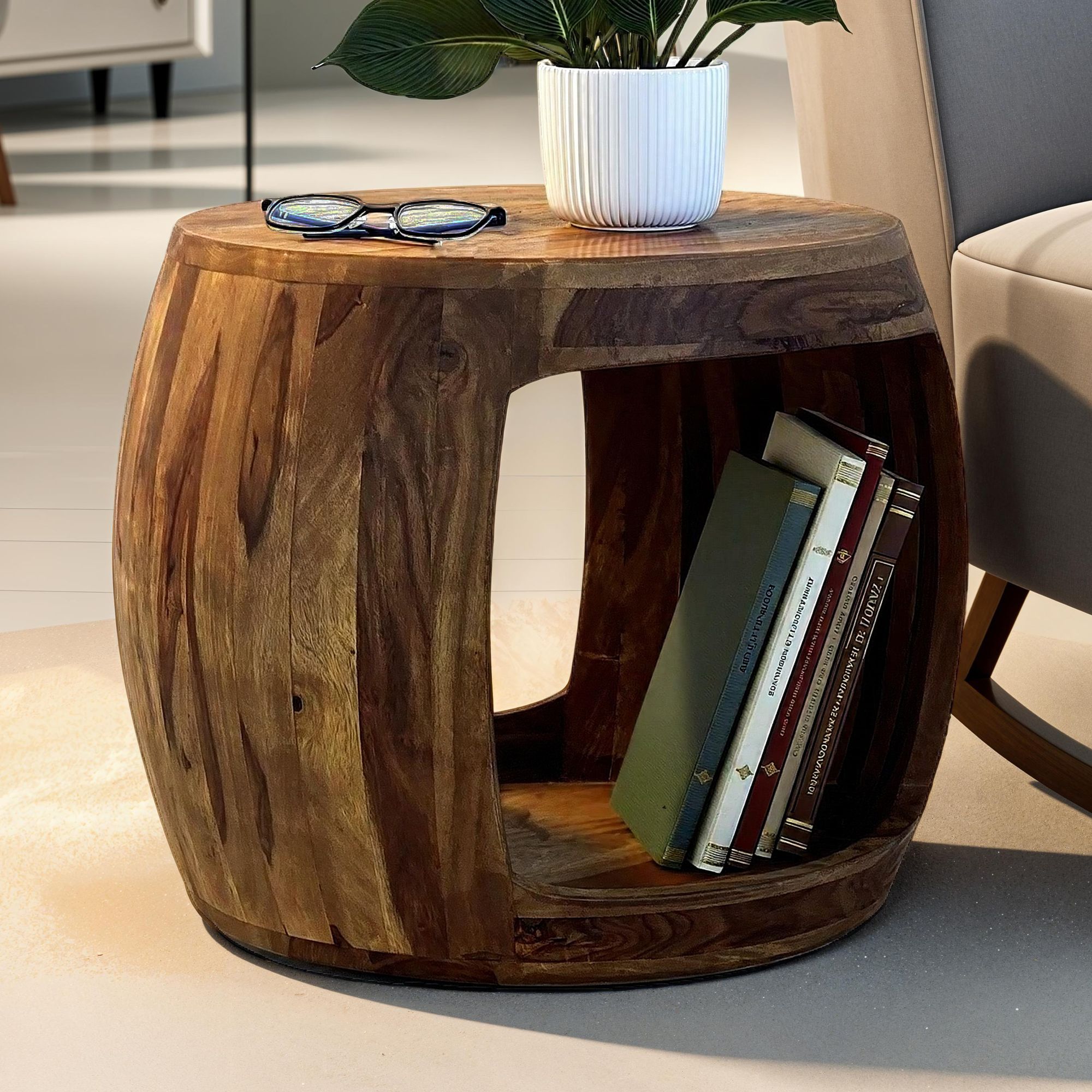 Beistelltisch Ø 50cm Sheesham Massivholz rund Ablage Couchtisch Wohnzimmertisch – Ansicht 1