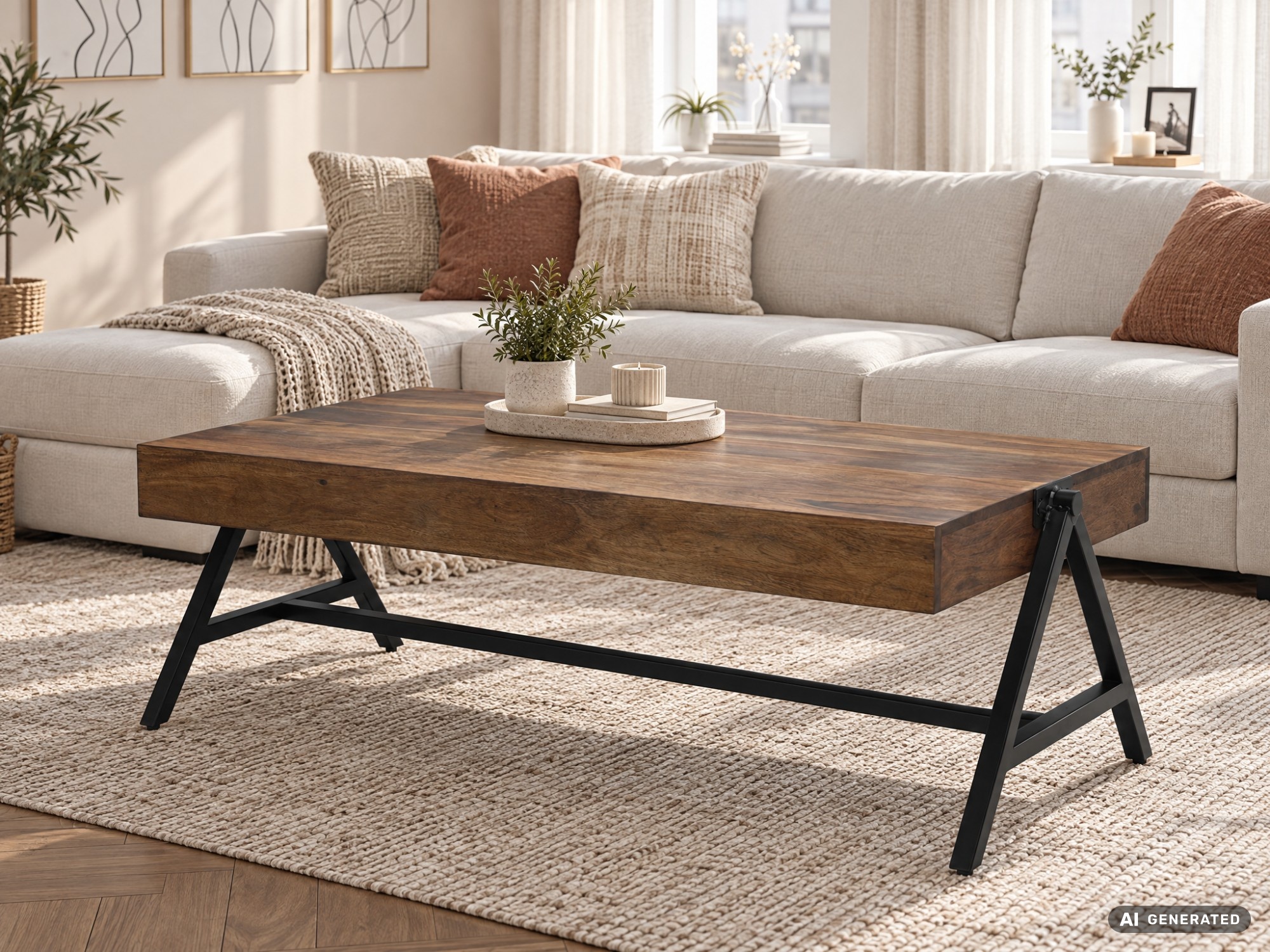 Couchtisch Sheesham Massivholz 120cm rechteckiger Wohnzimmertisch Industrial – Ansicht 2