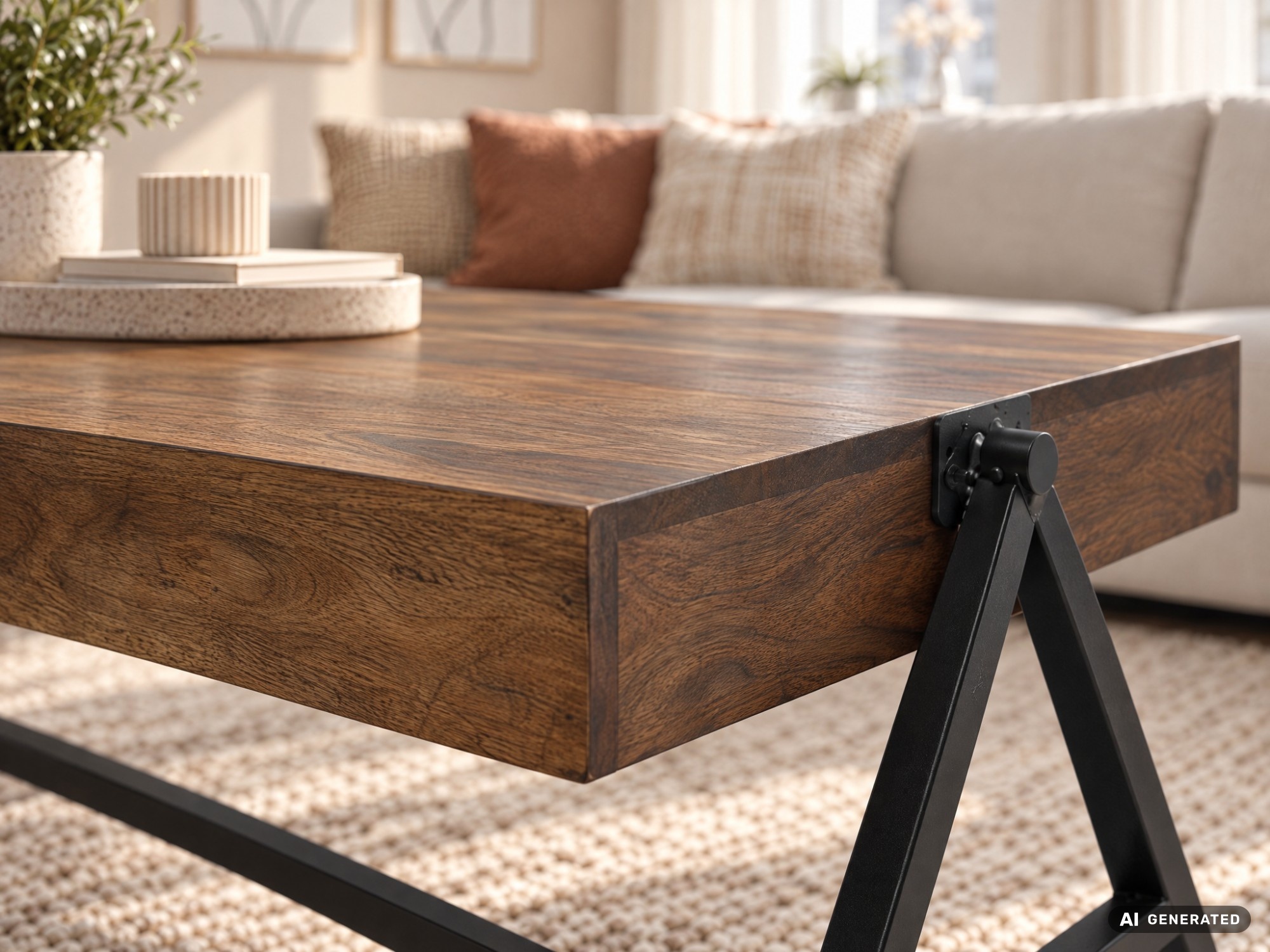 Couchtisch Sheesham Massivholz 120cm rechteckiger Wohnzimmertisch Industrial – Ansicht 4