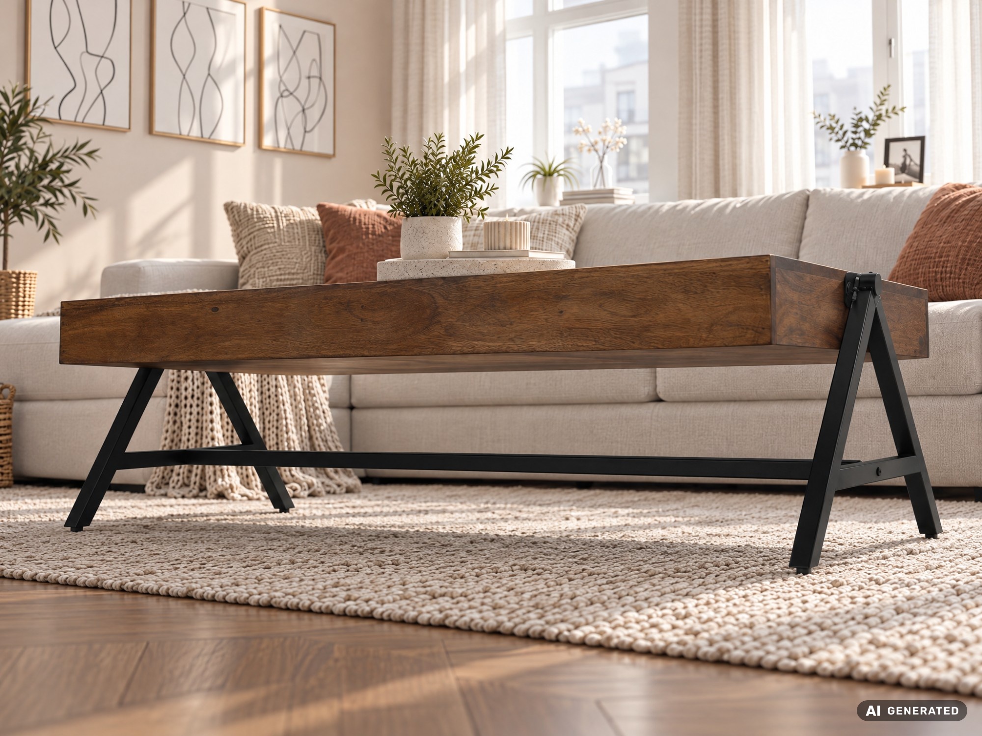 Couchtisch Sheesham Massivholz 120cm rechteckiger Wohnzimmertisch Industrial – Ansicht 7