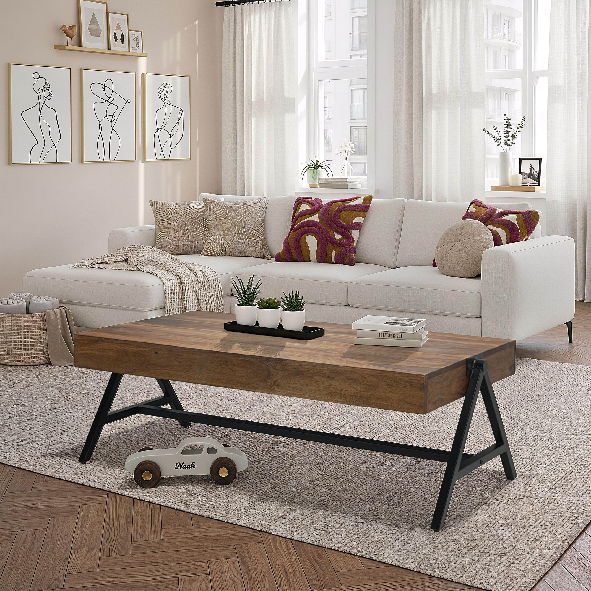 Couchtisch Sheesham Massivholz 120cm rechteckiger Wohnzimmertisch Industrial – Ansicht 2