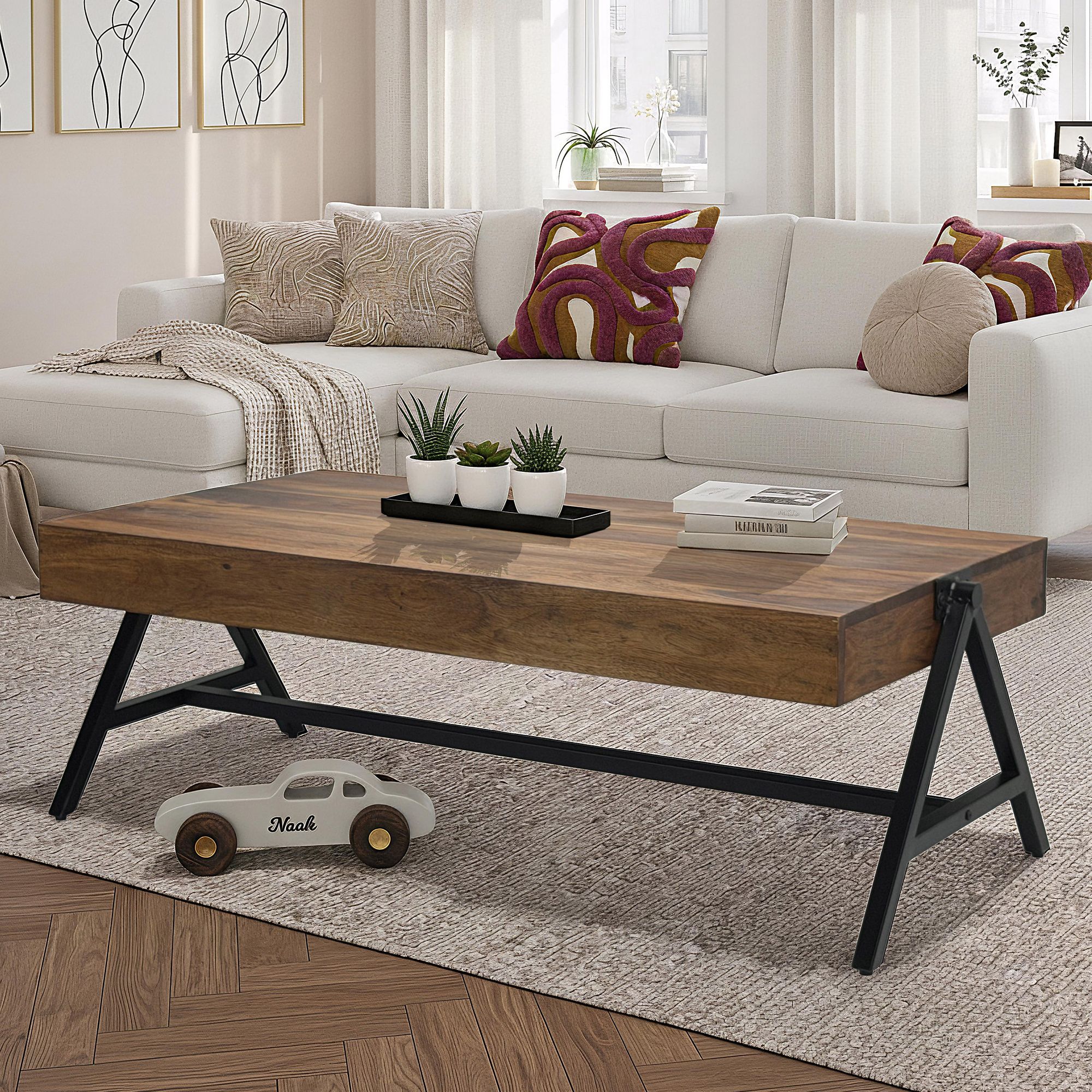 Couchtisch Sheesham Massivholz 120cm rechteckiger Wohnzimmertisch Industrial – Ansicht 1