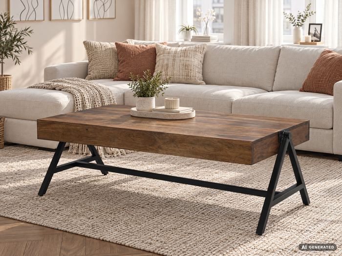 FineBuy Couchtisch Sheesham Massivholz rechteckig 120cm · Wohnzimmertisch mit Metallgestell · Handgefertigter Sofatisch im modernen Industrial Design mit stabiler Tischplatte