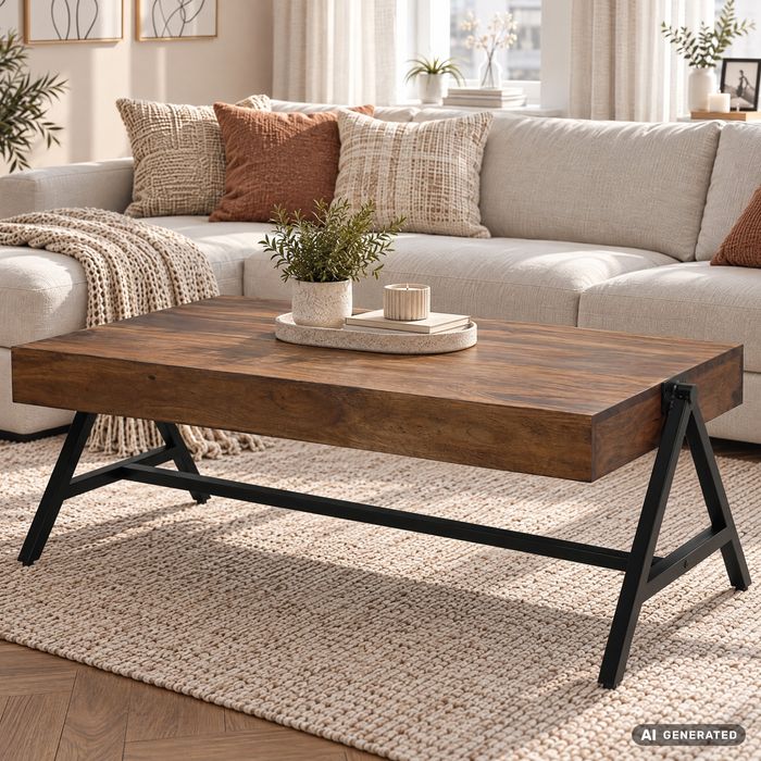 FineBuy Couchtisch Sheesham Massivholz rechteckig 120cm · Wohnzimmertisch mit Metallgestell · Handgefertigter Sofatisch im modernen Industrial Design mit stabiler Tischplatte