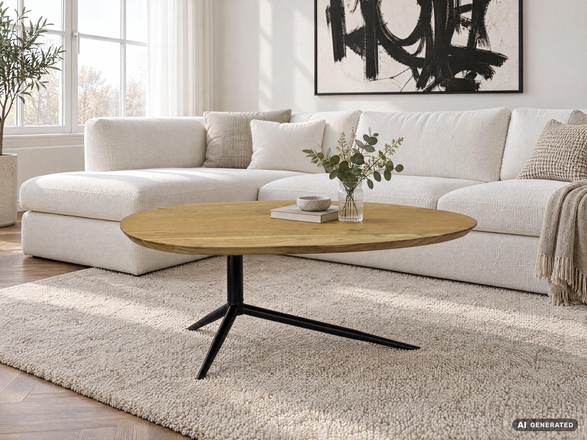 Design Couchtisch Akazie Massivholz 87cm oval Wohnzimmertisch Metallgestell – Ansicht 2