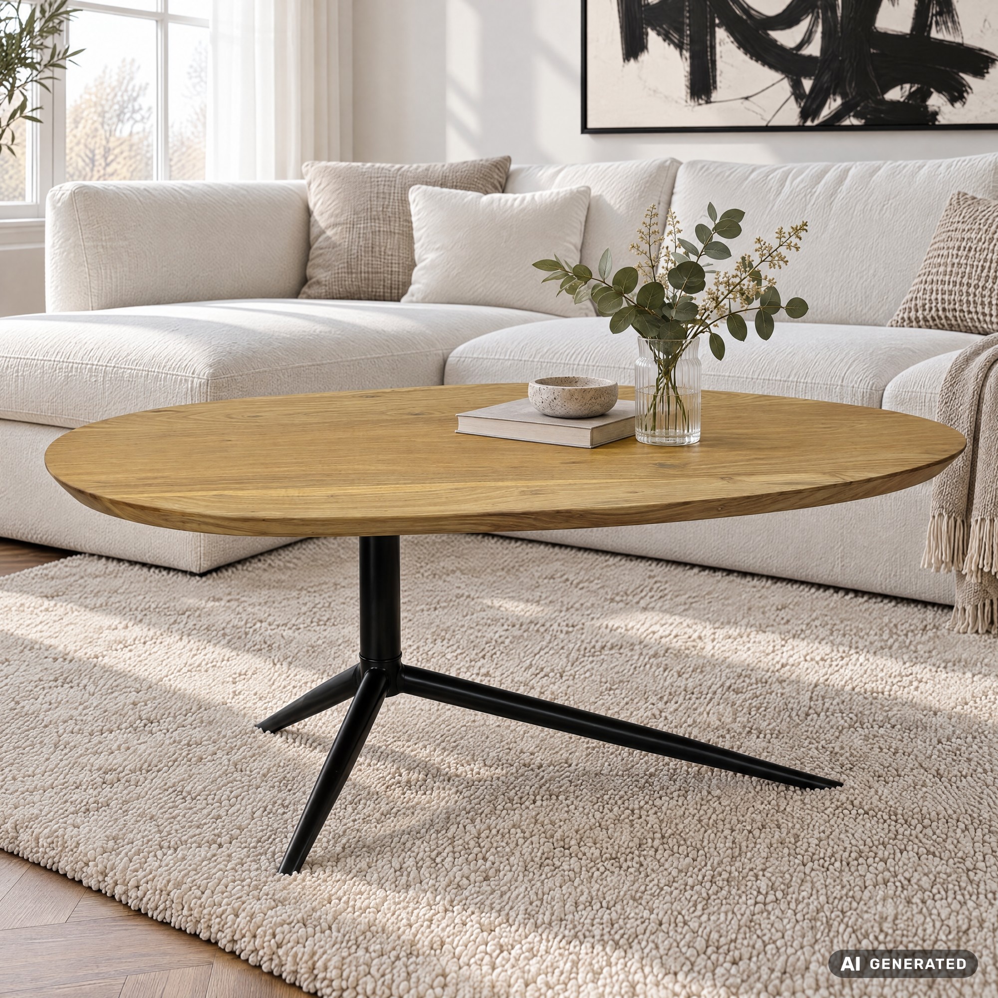 Design Couchtisch Akazie Massivholz 87cm oval Wohnzimmertisch Metallgestell – Ansicht 1