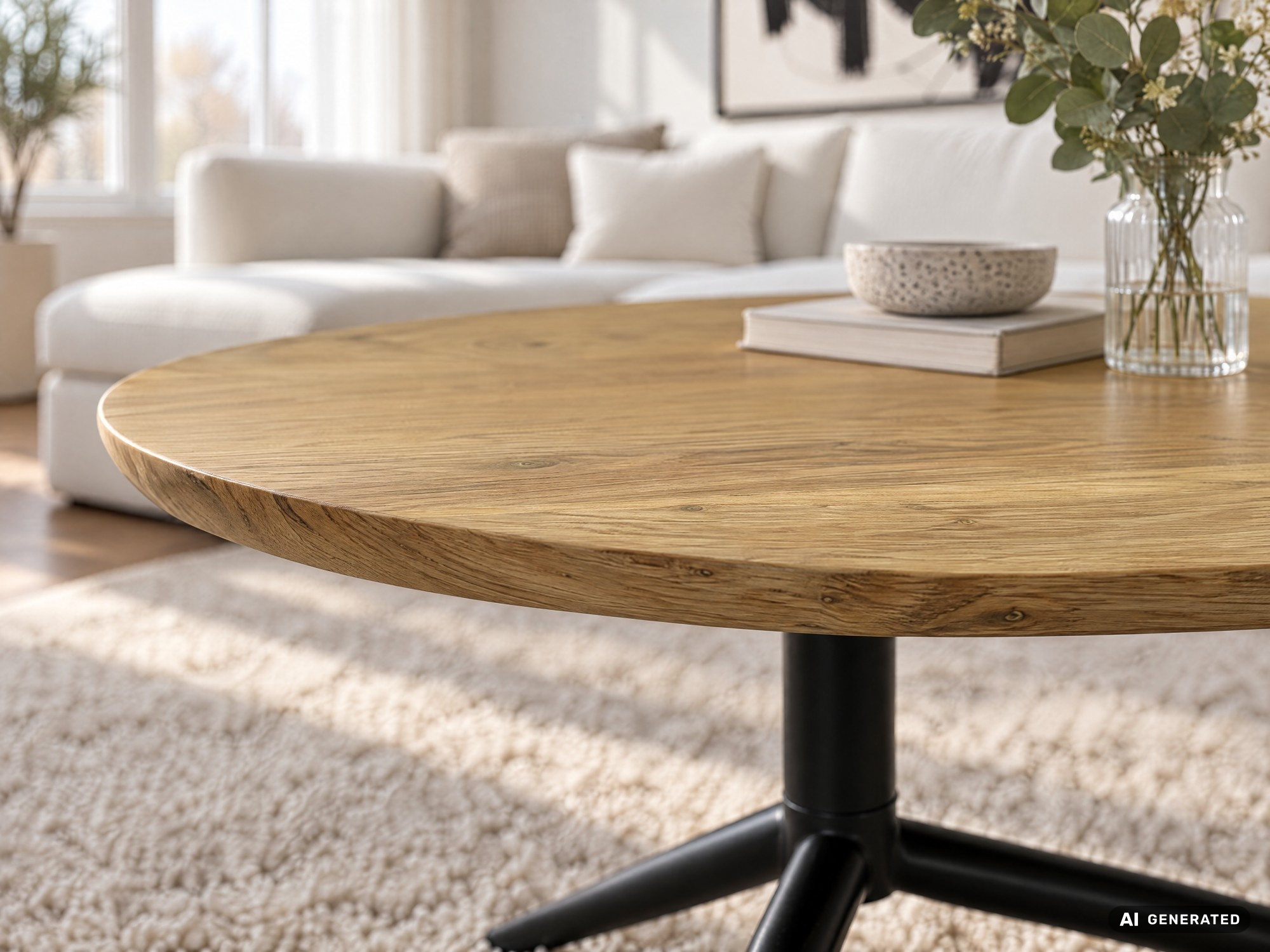 Design Couchtisch Akazie Massivholz 87cm oval Wohnzimmertisch Metallgestell – Ansicht 4