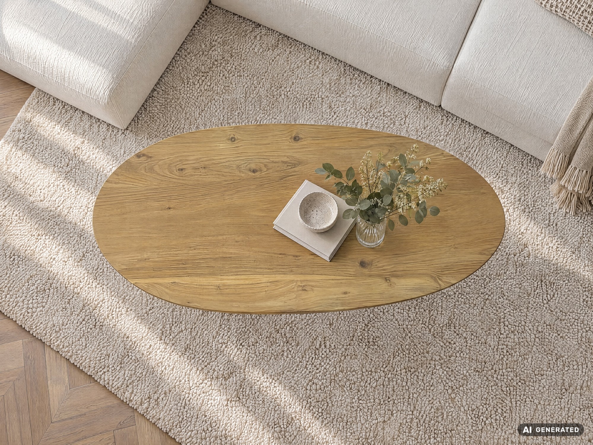 Design Couchtisch Akazie Massivholz 87cm oval Wohnzimmertisch Metallgestell – Ansicht 5