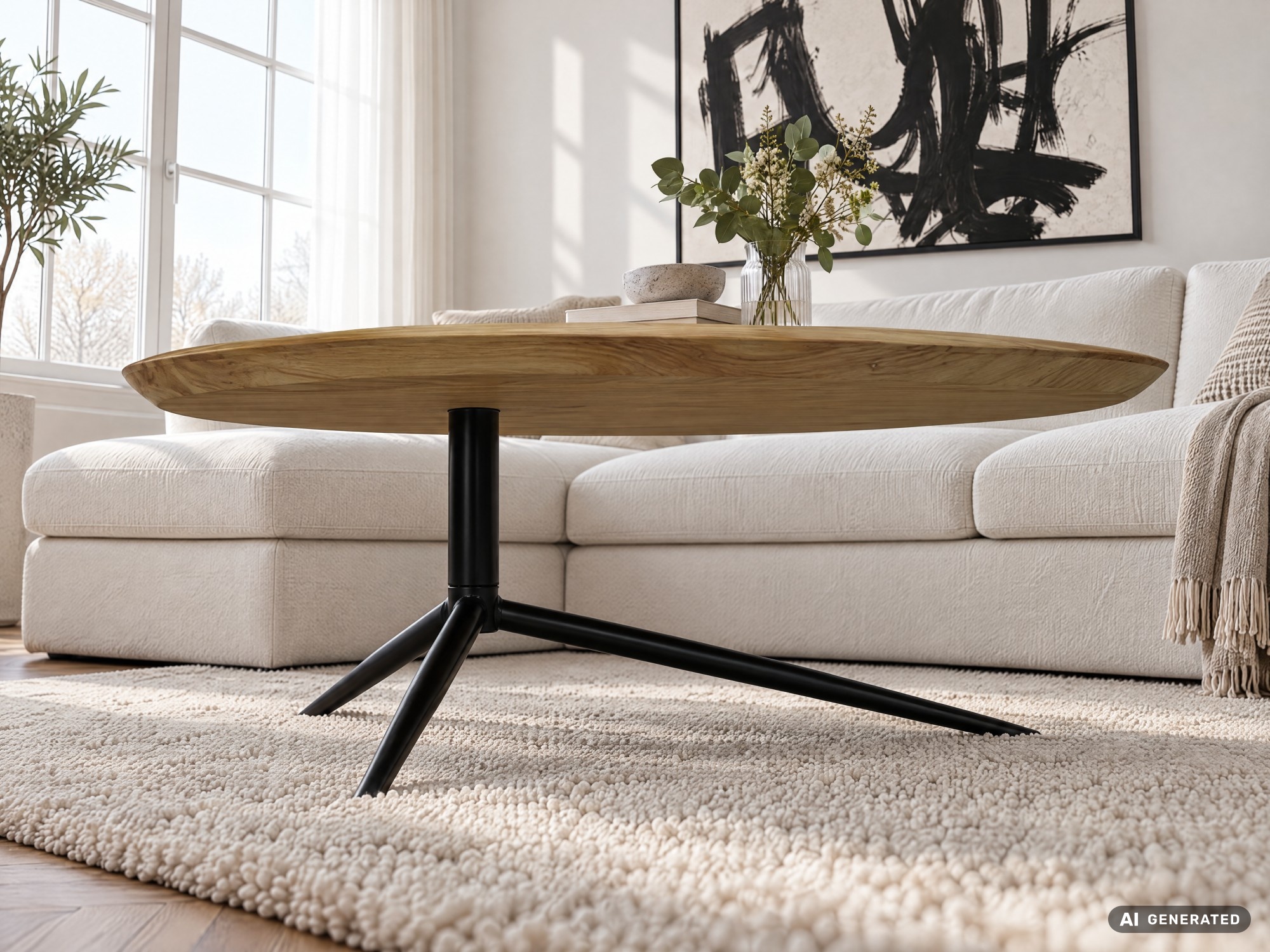 Design Couchtisch Akazie Massivholz 87cm oval Wohnzimmertisch Metallgestell – Ansicht 7