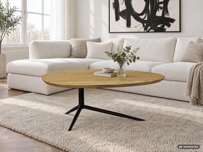 FineBuy Couchtisch Akazie Massivholz oval 87cm · Ovaler Design Wohnzimmertisch mit schwarzem Metallgestell · Moderner Sofatisch handgefertigt