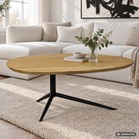 Design Couchtisch Akazie Massivholz 87cm oval Wohnzimmertisch Metallgestell – Ansicht 1