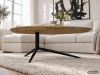 Design Couchtisch Akazie Massivholz 87cm oval Wohnzimmertisch Metallgestell – Ansicht 7
