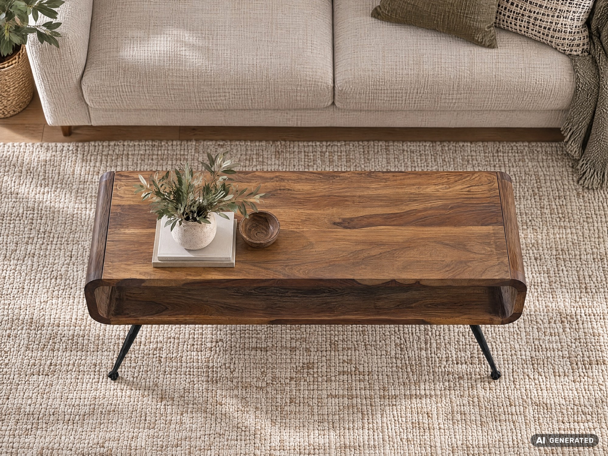 Couchtisch Sheesham Massiv Metallbeinen 100cm Industrial Retro Wohnzimmertisch – Ansicht 5
