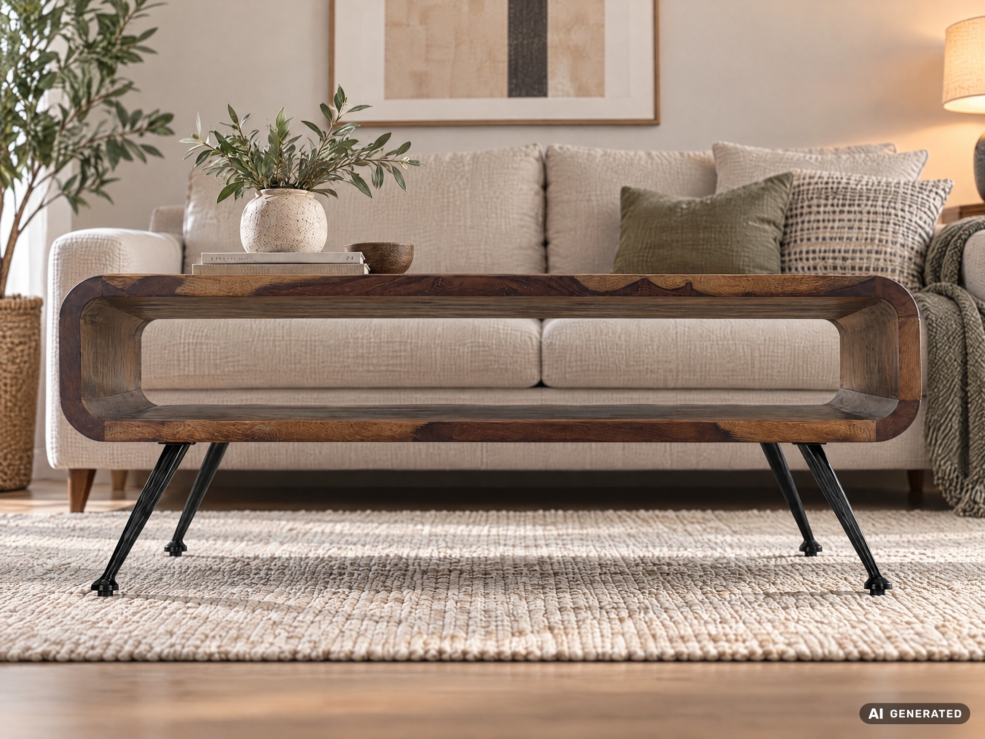 Couchtisch Sheesham Massiv Metallbeinen 100cm Industrial Retro Wohnzimmertisch – Ansicht 7