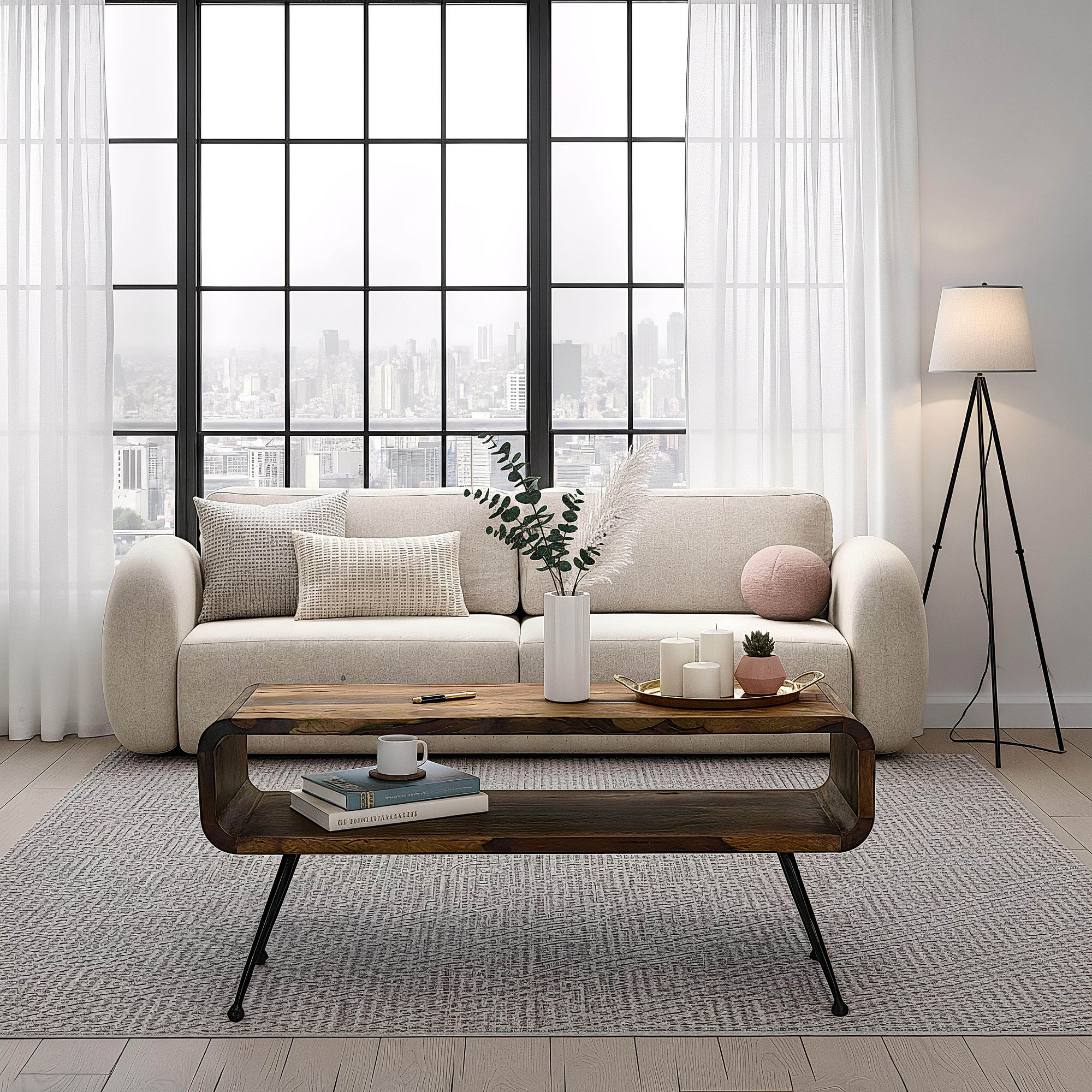 Couchtisch Sheesham Massiv Metallbeinen 100cm Industrial Retro Wohnzimmertisch – Ansicht 2