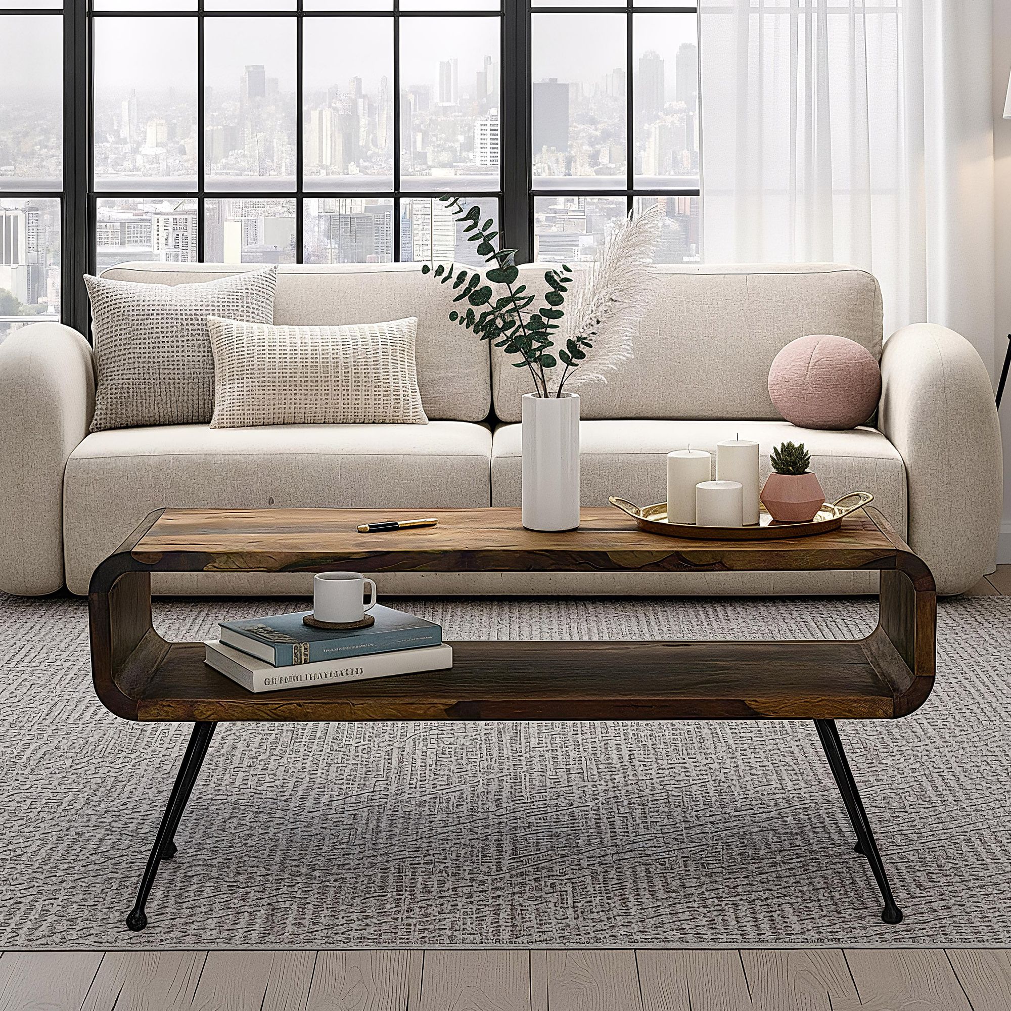 Couchtisch Sheesham Massiv Metallbeinen 100cm Industrial Retro Wohnzimmertisch – Ansicht 1