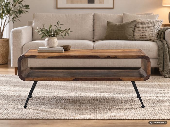 FineBuy Retro Couchtisch Sheesham Massivholz 100cm · Wohnzimmertisch rechteckig mit Ablagefach · Handgefertigter Sofatisch aus Holz mit Metallbeinen im Industrial Design