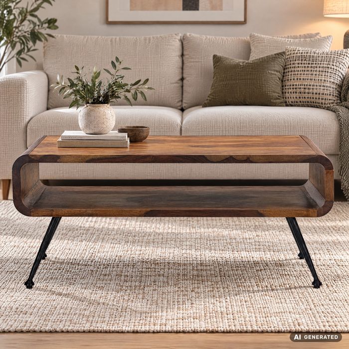 FineBuy Retro Couchtisch Sheesham Massivholz 100cm · Wohnzimmertisch rechteckig mit Ablagefach · Handgefertigter Sofatisch aus Holz mit Metallbeinen im Industrial Design