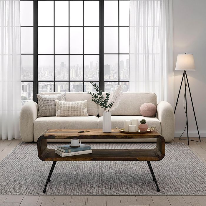 FineBuy Retro Couchtisch Sheesham Massivholz 100cm · Wohnzimmertisch rechteckig mit Ablagefach · Handgefertigter Sofatisch aus Holz mit Metallbeinen im Industrial Design
