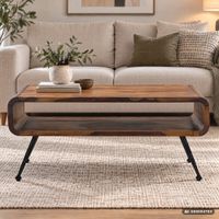 Couchtisch Sheesham Massiv Metallbeinen 100cm Industrial Retro Wohnzimmertisch – Ansicht 1