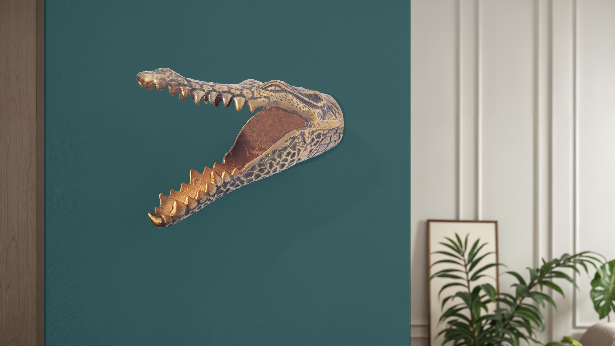 Wanddekoration Krokodil Aluminium 31 cm Wandobjekt goldfarben modern Tiermotiv – Ansicht 2