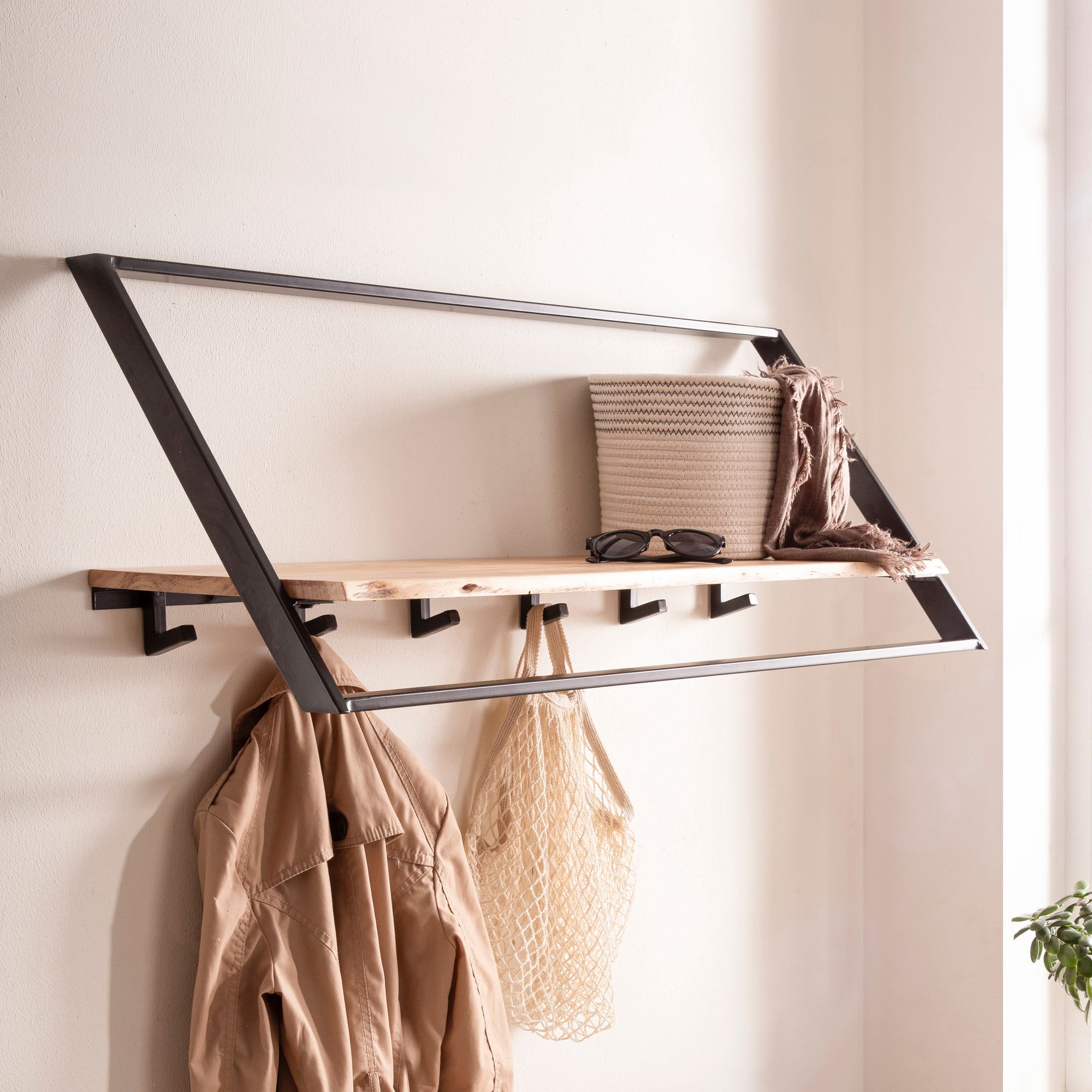 Wandgarderobe Akazie Massivholz Metall 100cm Hängegarderobe Industrial Baumkante – Ansicht 1