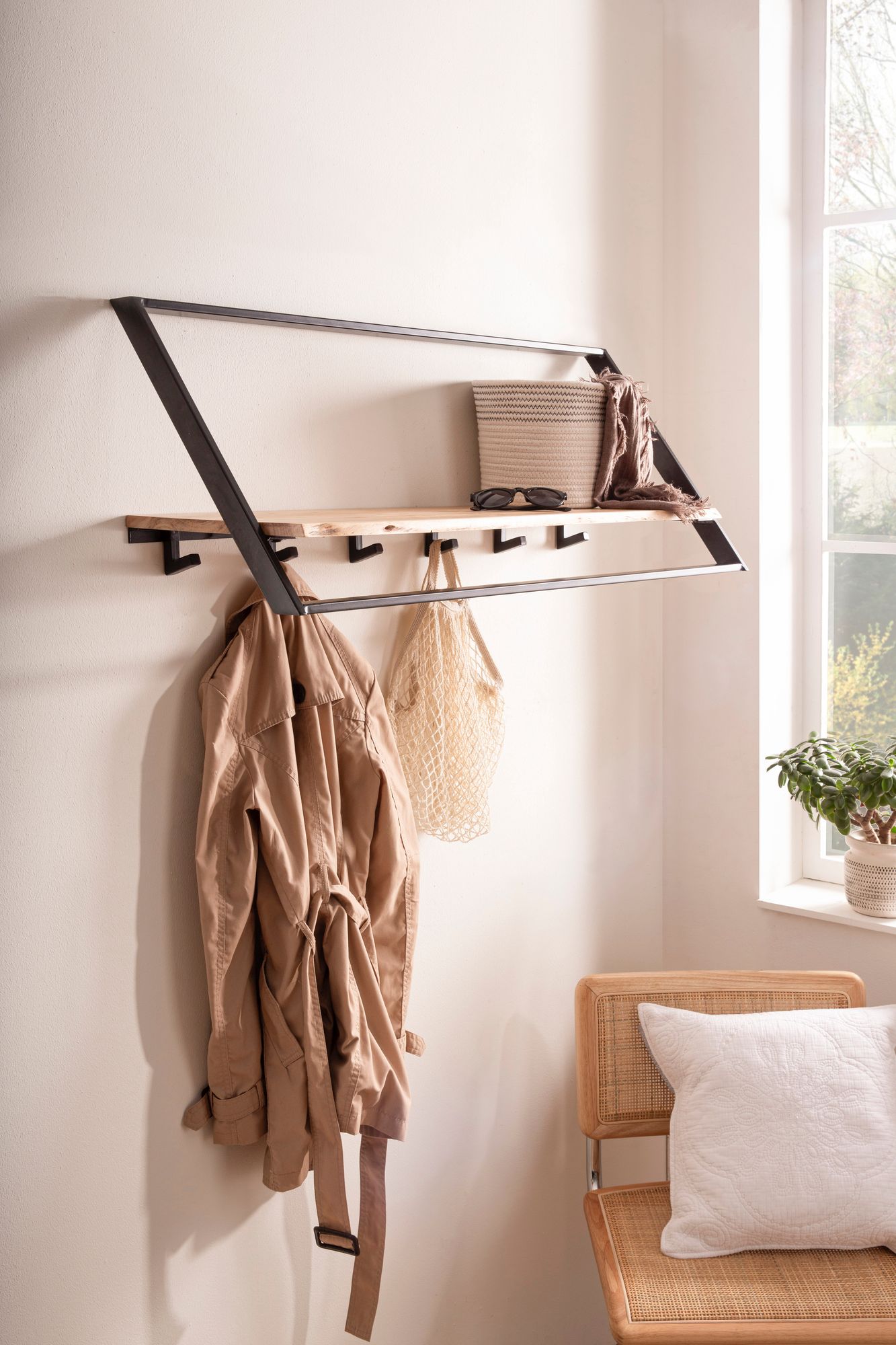 Wandgarderobe Akazie Massivholz Metall 100cm Hängegarderobe Industrial Baumkante – Ansicht 2