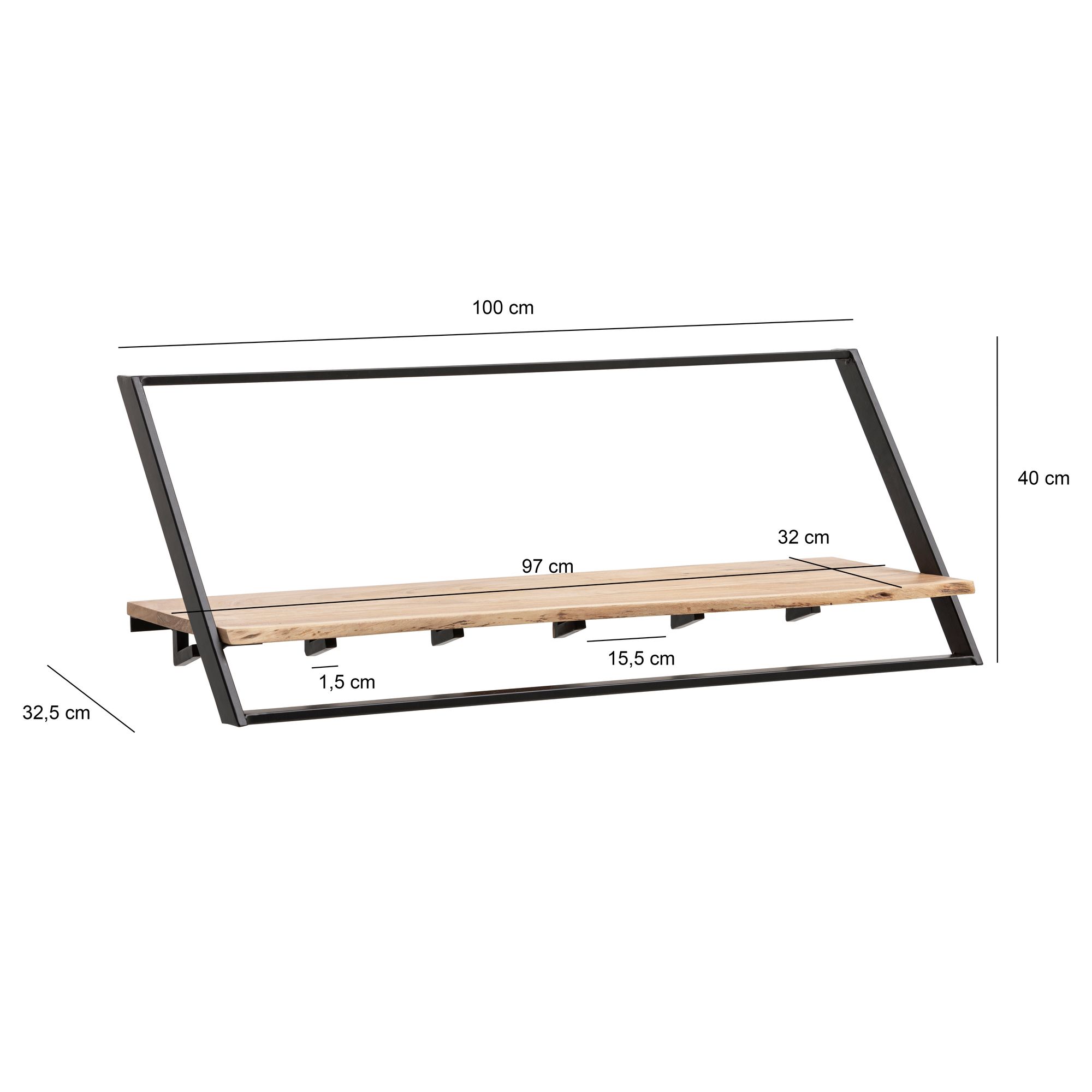Wandgarderobe Akazie Massivholz Metall 100cm Hängegarderobe Industrial Baumkante – Ansicht 3