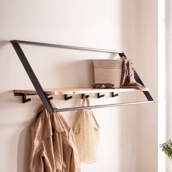 FineBuy Garderobe aus Massivholz Akazie mit Baumkante 100 cm - Industrial Wandgarderobe mit Ablage & 5 Haken - Garderobenleiste mit Metallrahmen Schwarz Handgefertigt