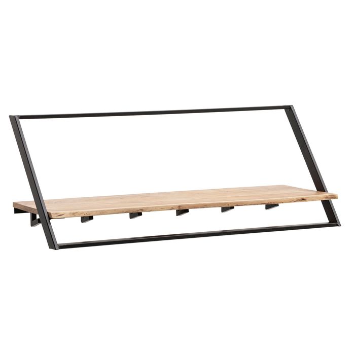 FineBuy Garderobe aus Massivholz Akazie mit Baumkante 100 cm - Industrial Wandgarderobe mit Ablage & 5 Haken - Garderobenleiste mit Metallrahmen Schwarz Handgefertigt