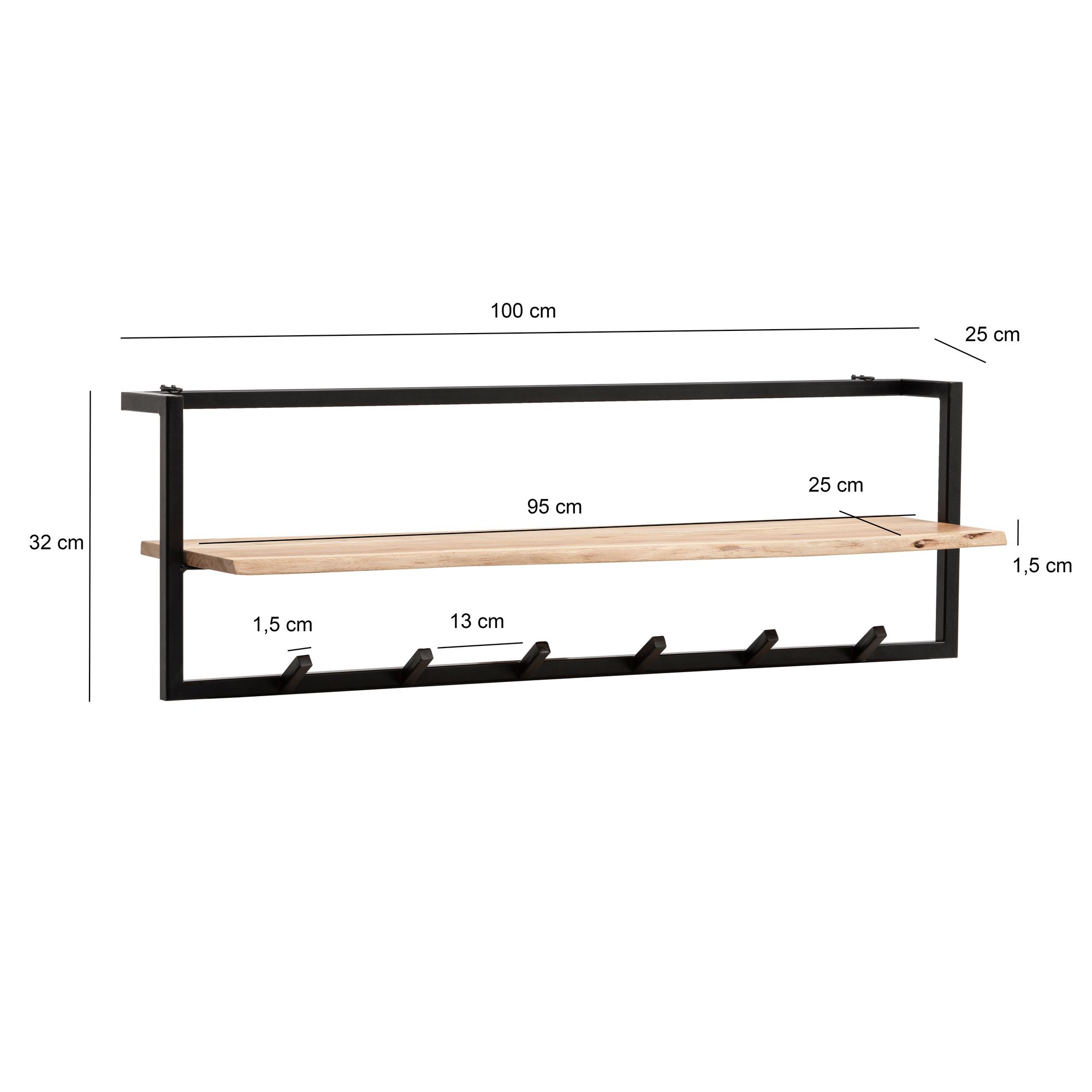 Wandgarderobe Akazie Massivholz 100cm Hängegarderobe Baumkante Industrial Modern – Ansicht 3