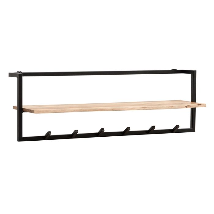FineBuy Garderobe aus Massivholz Akazie mit Baumkante 100 cm - Industrial Wandgarderobe mit Ablage & 6 Haken - Garderobenleiste mit Metallrahmen Schwarz Handgefertigt