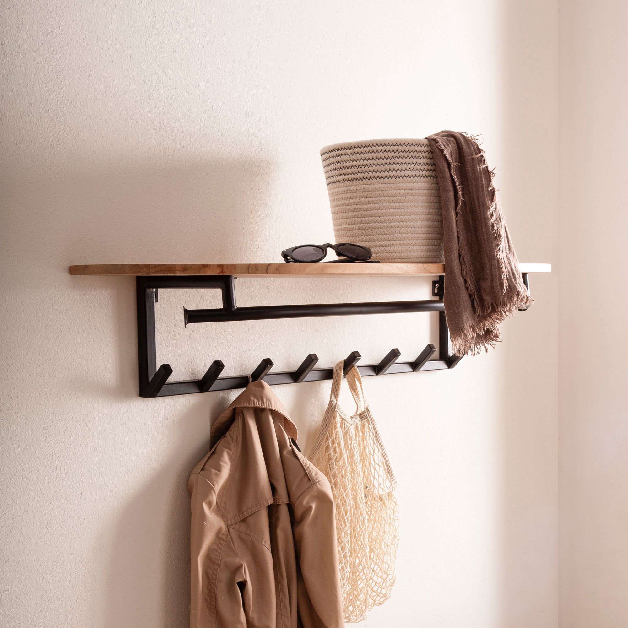 Wandgarderobe Akazie Massivholz 100cm Metall Garderobe mit Ablage Industrial – Ansicht 1