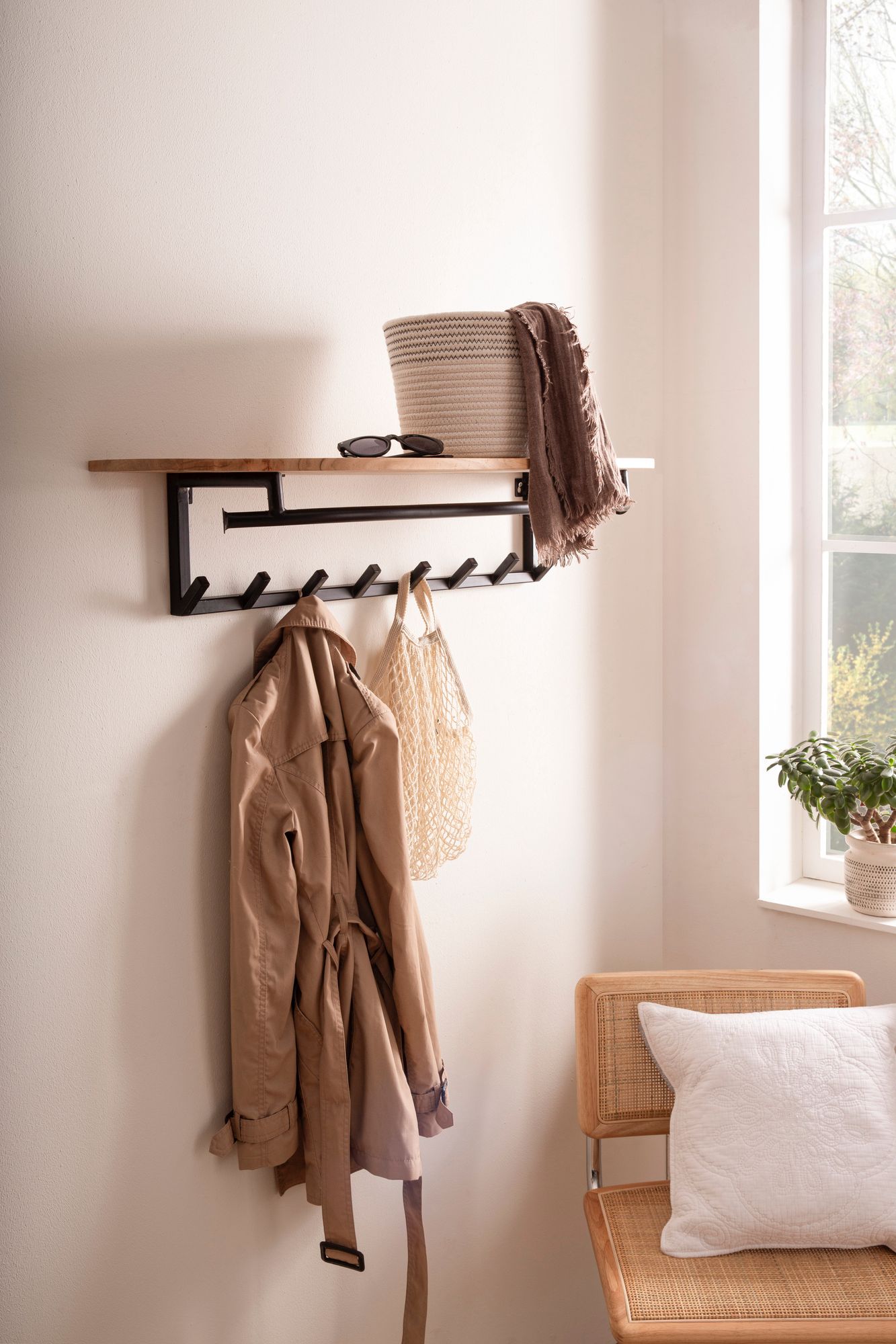 Wandgarderobe Akazie Massivholz 100cm Metall Garderobe mit Ablage Industrial – Ansicht 2