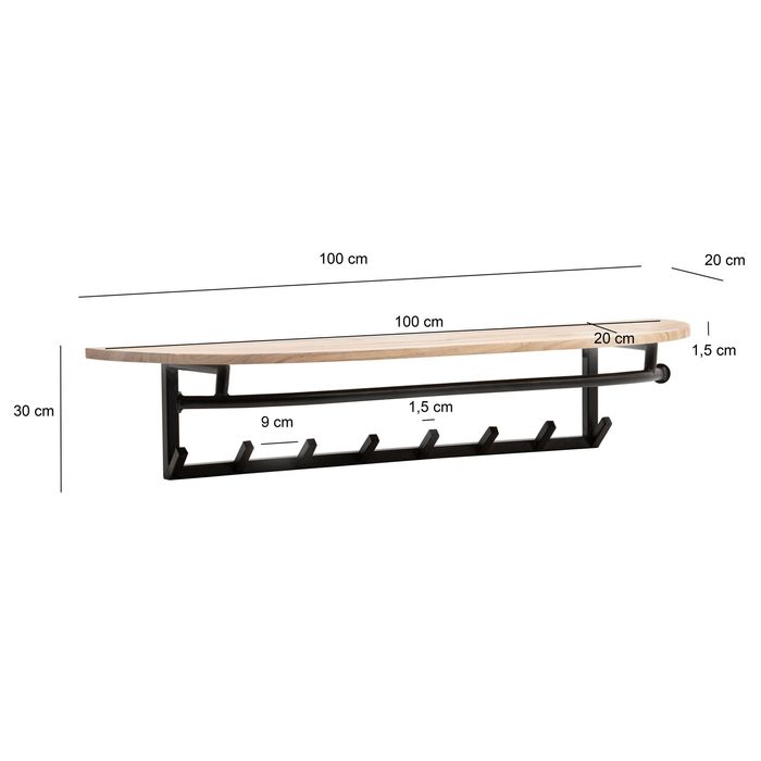 Wandgarderobe Akazie Massivholz 100cm Metall Garderobe mit Ablage Industrial – Maßzeichnung