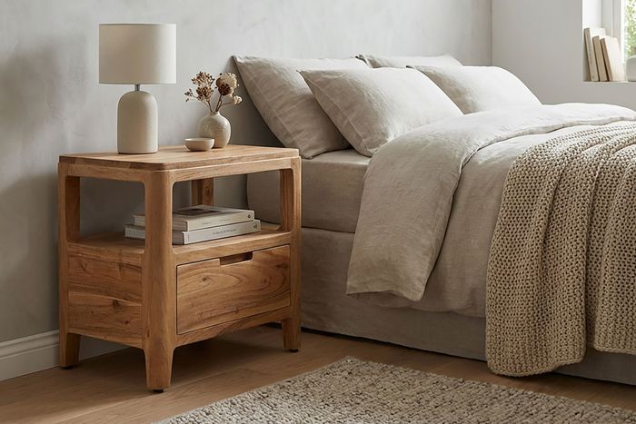 FineBuy Nachttisch Massivholz Akazie 45x35x46cm - Nachtkonsole mit Schublade & offenen Ablagen - Nachtkästchen Holz - Nachtschrank Schlafzimmer - Nachtkommode Modernes Design