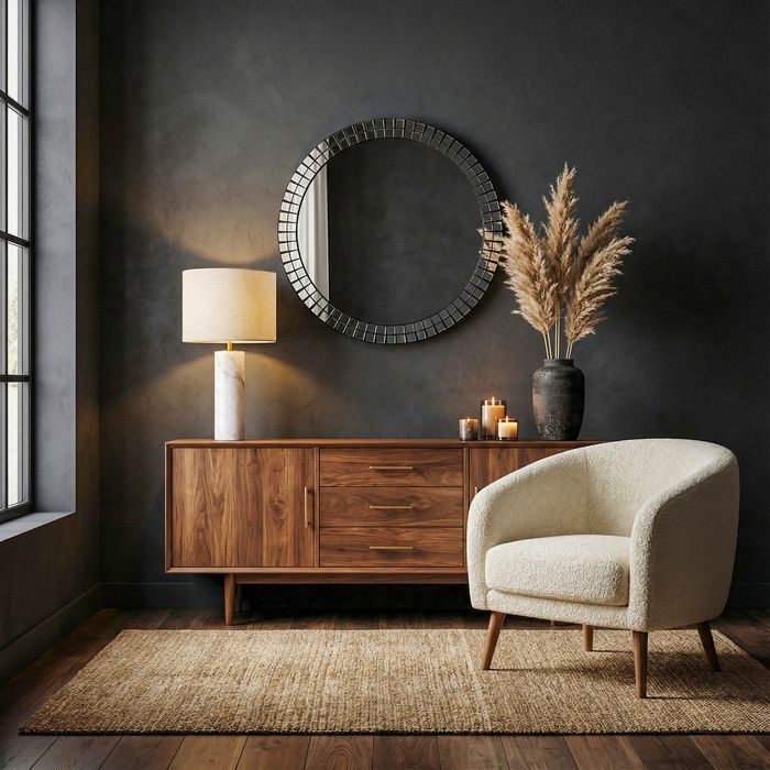 FineBuy Wandspiegel rund 60cm – Design Dekospiegel – Spiegel für die Wand - Wohnzimmer Flur – runder Wohnspiegel - Hängespiegel Flurspiegel modern