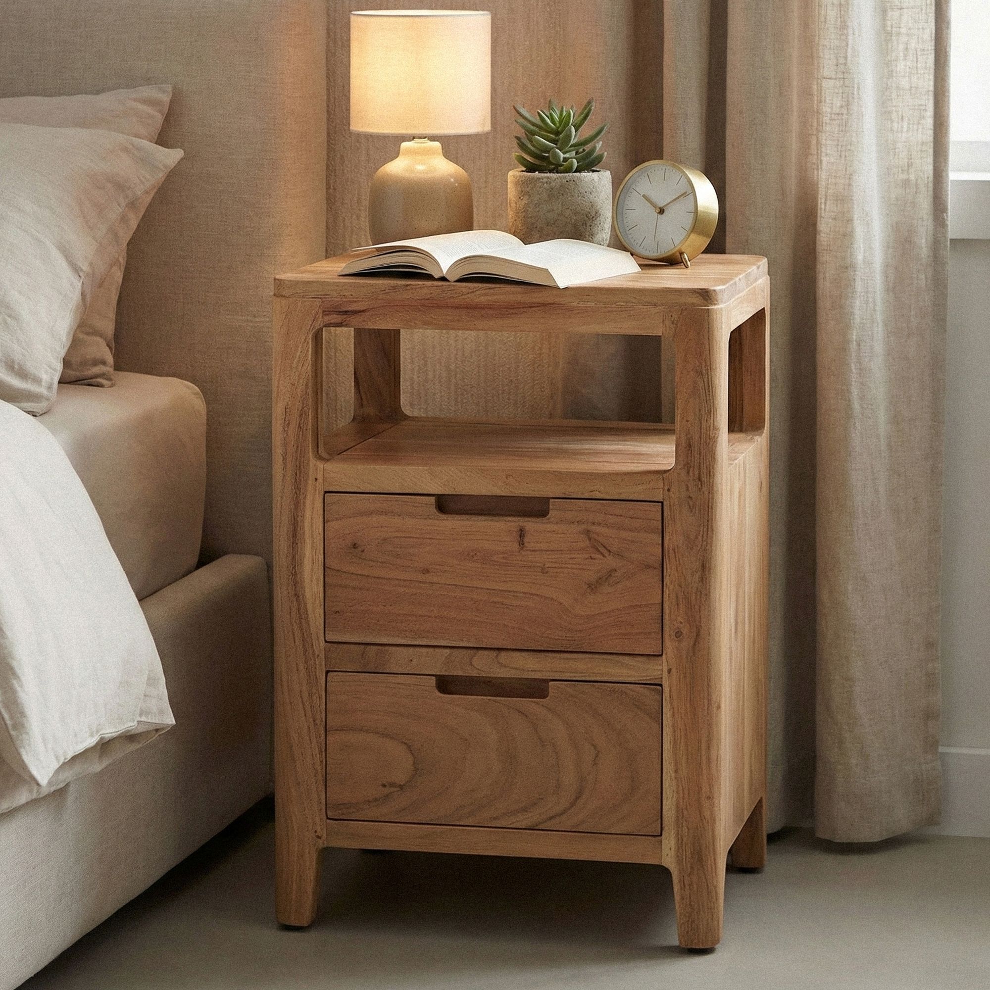 Nachttisch Massivholz Nachtkonsole Nachtkästchen Schublade Nachtschrank Modern – Ansicht 1