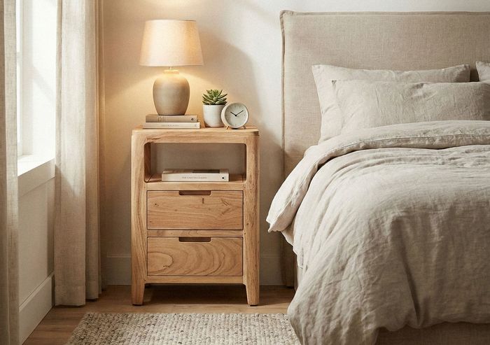 FineBuy Nachttisch Akazie Massivholz 40x60x30 cm - Nachtkonsole mit zwei Schubladen und offenen Ablageflächen - Massivholz Nachtkästchen Boxspringbett - Nachtschrank Nachtkommode Schlafzimmer
