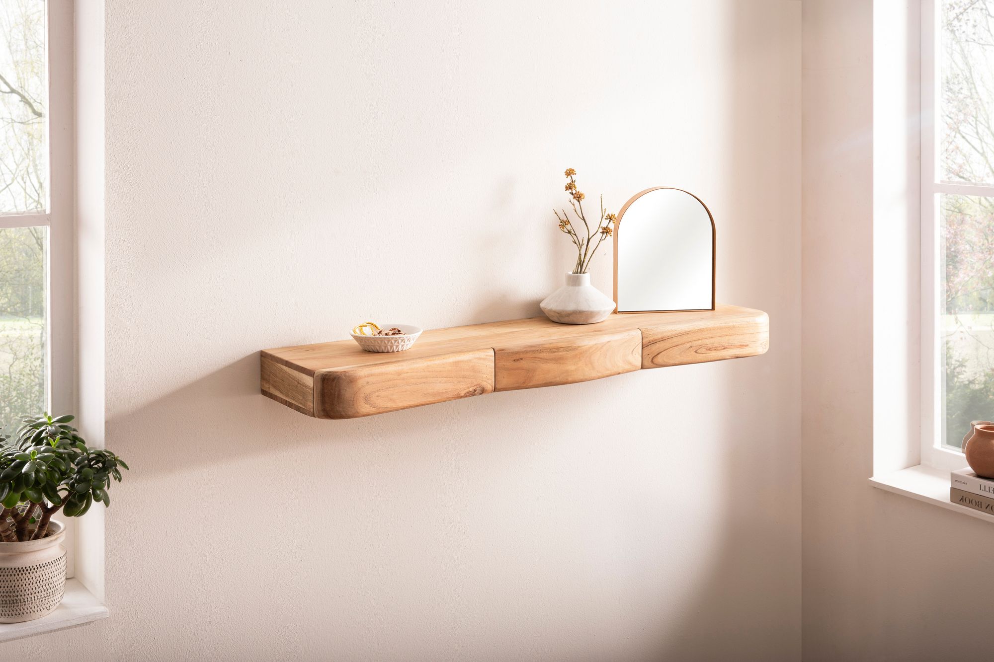 Wandregal Akazie Hängeregal mit Schublade Holz Wandboard Regal für die Wand – Ansicht 2