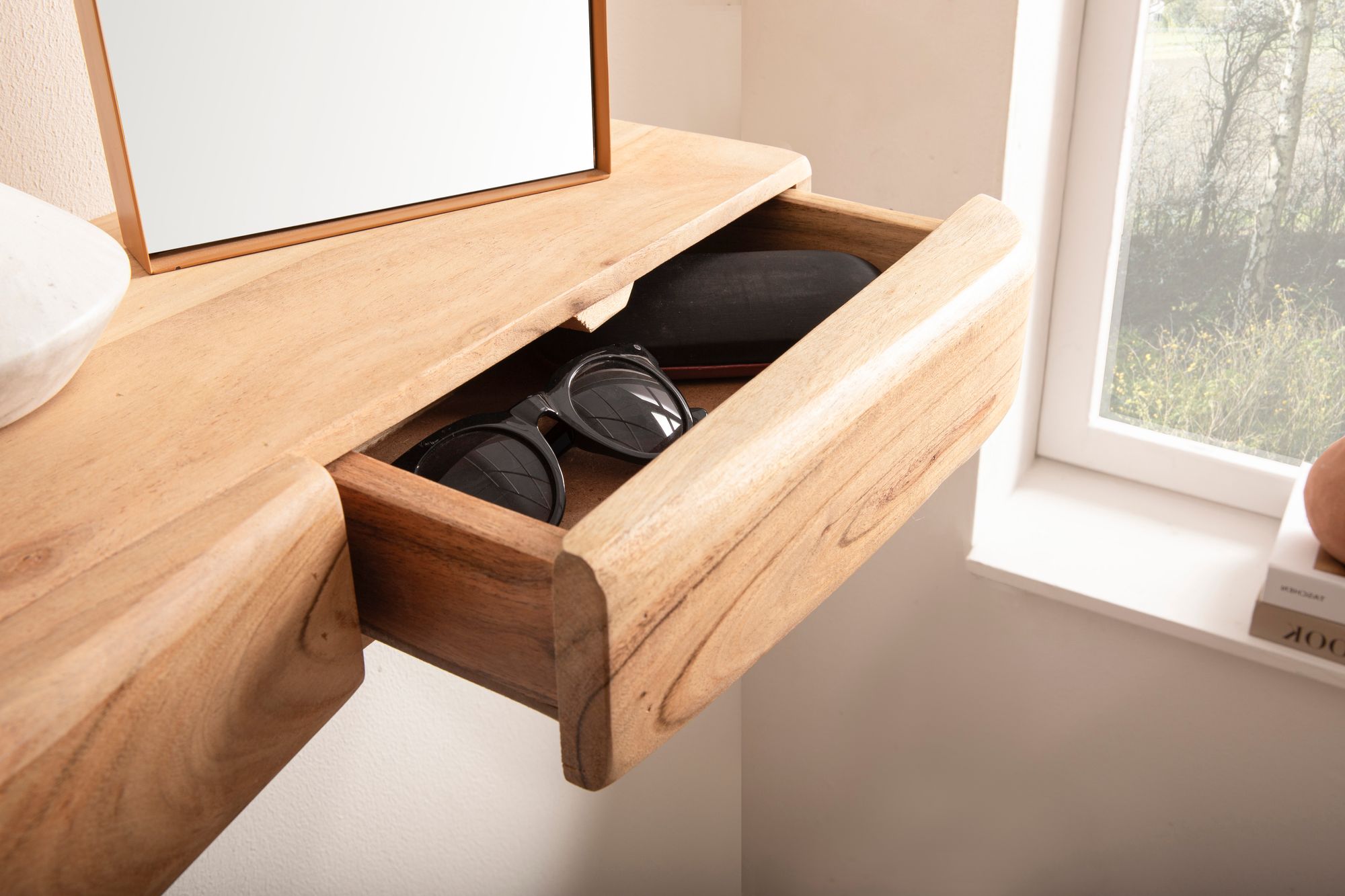 Wandregal Akazie Hängeregal mit Schublade Holz Wandboard Regal für die Wand – Ansicht 4