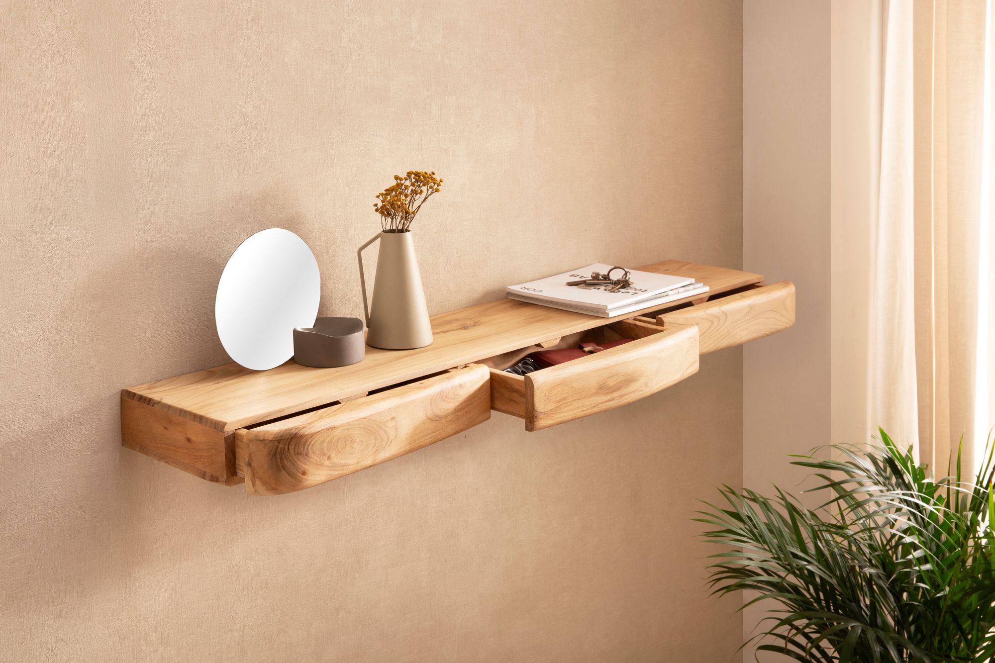 Wandregal Akazie Hängeregal mit Schublade Holz Wandboard Regal für die Wand